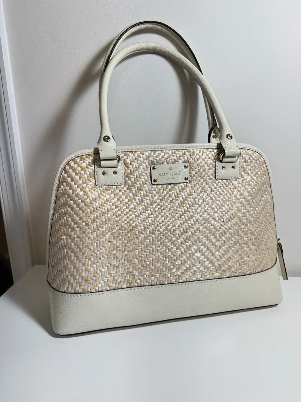 Kate Spade New York Woven Straw & Leather Satchel – Cream/Natural